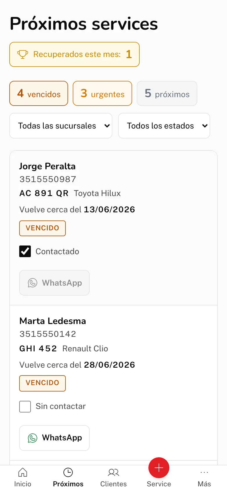 El panel de Fidelli Motors con los próximos services: qué cliente, qué vehículo, cuándo le toca volver y su estado.